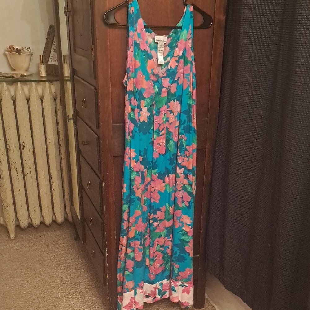 Tommy Bahama Teal Maxi Dress with Pink Floral Print